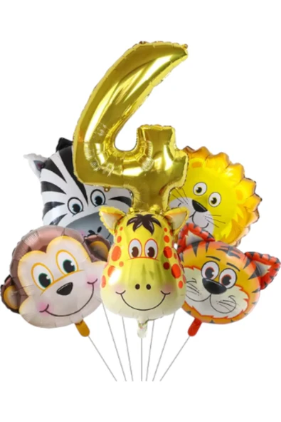 MSDA Safari Kafa Seti Altın Yaş Rakam Hayvan Temalı Doğum Günü Balon Seti 4 Yaş ürün görseli 1