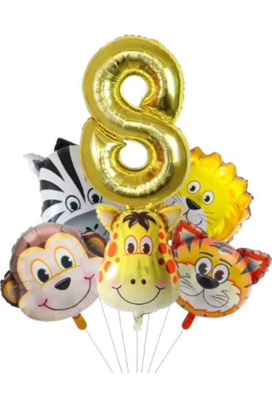 MSDA Safari Kafa Seti Altın Yaş Rakam Hayvan Temalı Doğum Günü Balon Seti 8 Yaş ürün görseli 1