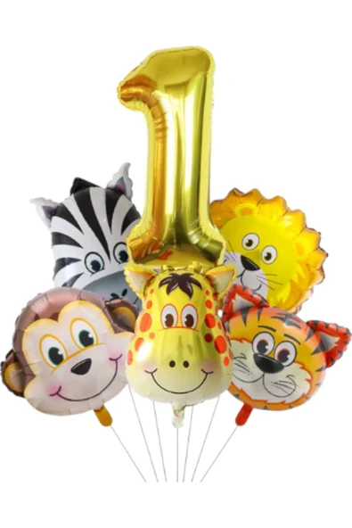 MSDA Safari Kafa Seti Altın Yaş Rakam Hayvan Temalı Doğum Günü Balon Seti 1 Yaş ürün görseli 1