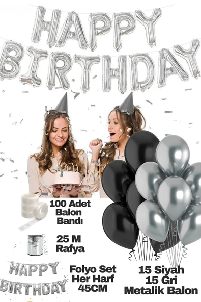 MSDA Happy Birthday Doğum Günü Seti Siyah Gri Balon Set Kadın Erkek Kız Çocuk Parti Süsleri ürün görseli 1