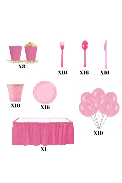 MSDA 16 Kişilik Pembe Parti Servis Ürünleri Ve Balon Seti ürün görseli 1