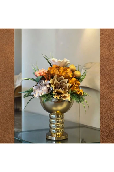 MSDA  Luxury Çiçekli Vazo  Boğumlu Aranjman Eskitme Gold ürün görseli 1