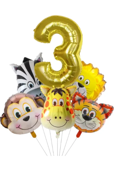 MSDA Safari Kafa Seti Altın Yaş Rakam Hayvan Temalı Doğum Günü Balon Seti 3 Yaş ürün görseli 1