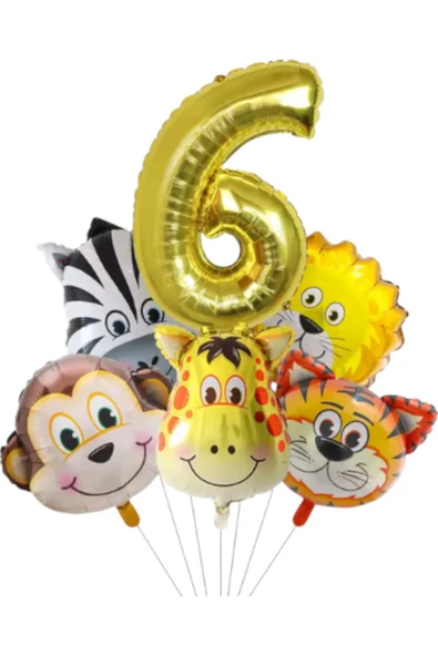 MSDA Safari Kafa Seti Altın Yaş Rakam Hayvan Temalı Doğum Günü Balon Seti 6 Yaş ürün görseli 1