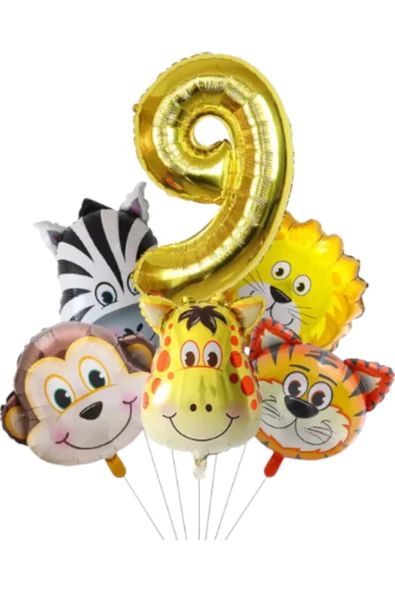 MSDA Safari Kafa Seti Altın Yaş Rakam Hayvan Temalı Doğum Günü Balon Seti 9 Yaş ürün görseli 1