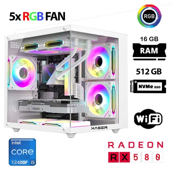 Xaser Cube X160 i5 12400F 16GB Ram 512GB M.2 NVMe SSD 8GB RX580 Beyaz Oyuncu Tavsiye Sistem ürün görseli 1