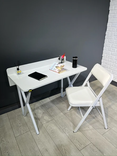 Buse Çalışma Masası Ofis Bilgisayar Masası + Katlanır Sandalyeli 103 cm Metal Beyaz Ayak ürün görseli 1