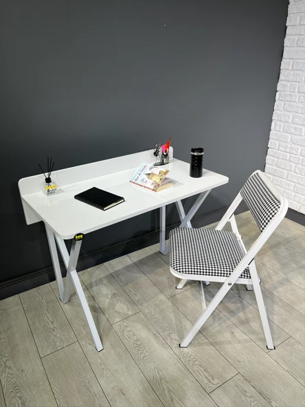 Buse Çalışma Masası Ofis Bilgisayar Masası + Katlanır Sandalyeli 103 cm Metal Beyaz Ayak ürün görseli 1