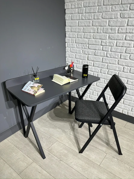 Buse Çalışma Masası Ofis Bilgisayar Masası + Katlanır Sandalyeli 103 cm Metal Siyah Ayak ürün görseli 1