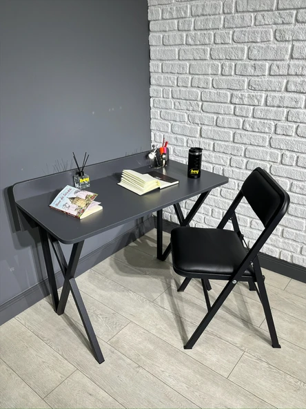 Buse Çalışma Masası Ofis Bilgisayar Masası + Katlanır Sandalyeli 103 cm Metal Siyah Ayak ürün görseli 1