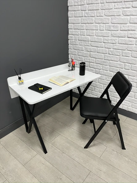 Buse Çalışma Masası Ofis Bilgisayar Masası + Katlanır Sandalyeli 103 cm Metal Siyah Ayak ürün görseli 1