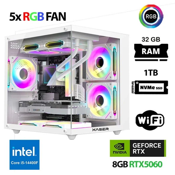 Xaser Cube X200 i5 14400F 32GB DDR5 Ram 1TB M.2 NVMe SSD 8GB RTX5060 Beyaz Oyuncu Tavsiye Sistem ürün görseli 1