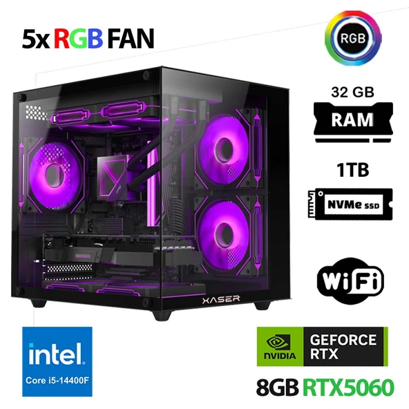 Xaser Cube X190 i5 14400F 32GB DDR5 Ram 1TB M.2 NVMe SSD 8GB RTX5060 Oyuncu Tavsiye Sistem ürün görseli 1