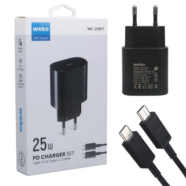 Weko WK-27877 Note10 Siyah 25 Watt Şarj Başlık Adaptörü + Type-C To Type-C Kablo ürün görseli 1