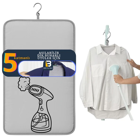 Beylini Buharlı Dikey Ütü Matı 5 Katman Asılabilir Yanmaz Çift Taraflı Dayanıklı Keçeli Buharlı Ütü Bezi Gri 50x80 CM ürün görseli 1