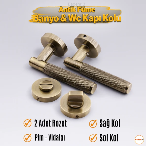 Antik Füme Wc Banyo Tipi Kapı Kolu Rozetli Sağ Sol Uygun Modern İç Kapı Kilitli 1 Takım ürün görseli 1