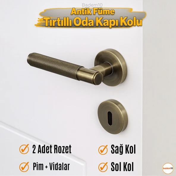 Antik Füme Oda Tipi Kapı Kolu Rozetli Sağ Sol Uygun Modern İç Kapı 1 Takım ürün görseli 1