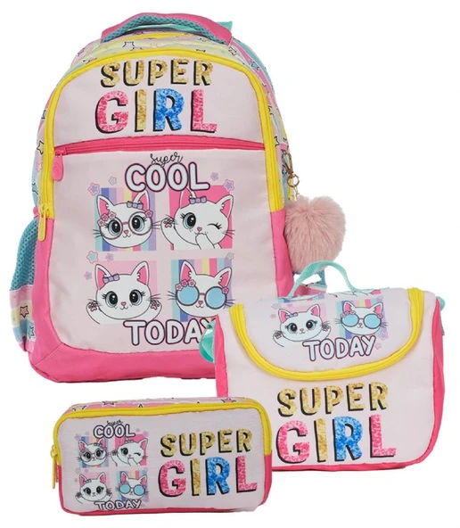 Pippa Kız Çocuk Üç Gözlü Pembe/Sarı İlkokul Üçlü Okul Çanta Seti - Super Girl - PPSET5220 ürün görseli 1