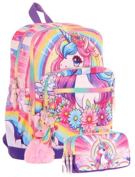 Kaukko Kids Layer Kız Çocuk Okul Çantası + Kalem Çantası Seti (Pembe Mor - Unicorn) ürün görseli 1