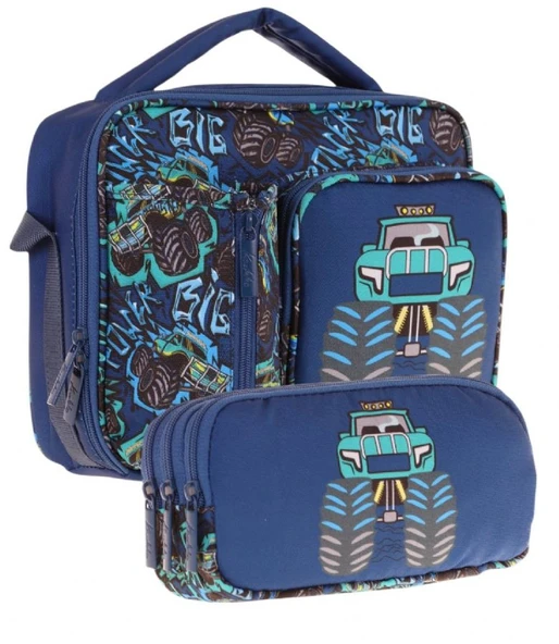 Kaukko Kids Erkek Çocuk Lacivert Turkuaz Kamyon Üç Bölmeli Thermo Beslenme Çantası ve Kalemlik Seti (L7261+L8261) ürün görseli 1
