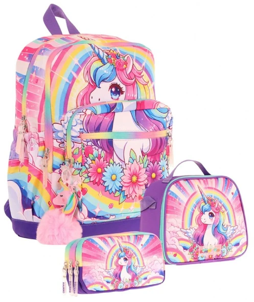 Kaukko Kids Dört Bölmeli Okul Çantası + Beslenme +Kalemlik Seti (Unicorn - Kız Çocuk - Pembe Mor) ürün görseli 1