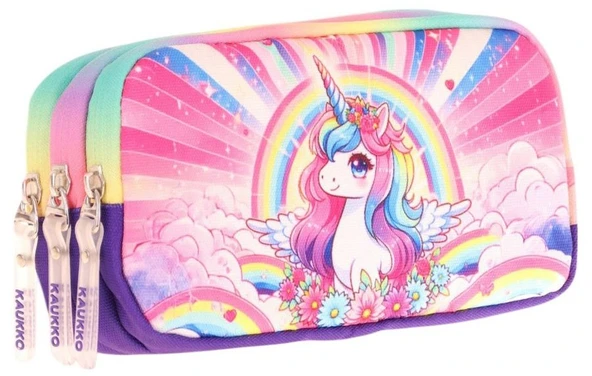 Kaukko Kids Mor Pembe, Unicorn, Kız Çocuk Üç Gözlü Okul Kalem Çantası - L8249 ürün görseli 1