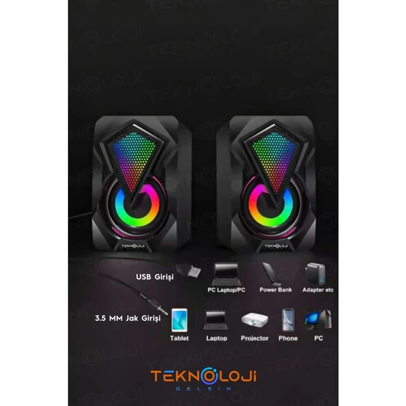 Teknoloji Gelsin Bilgisayar Hoparlörü Led Işıklı Rgb Laptop Pc Uyumlu 1+1 Speaker ürün görseli 1