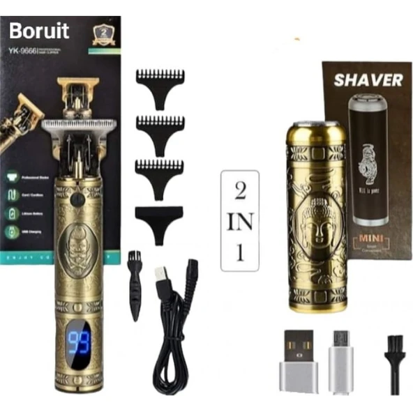 Magi Toptan Boruit Pro 2 In 1 Vintage Traş Makinesi Şarjlı Dijital Göstergeli Aliminyum Gövde ürün görseli 1