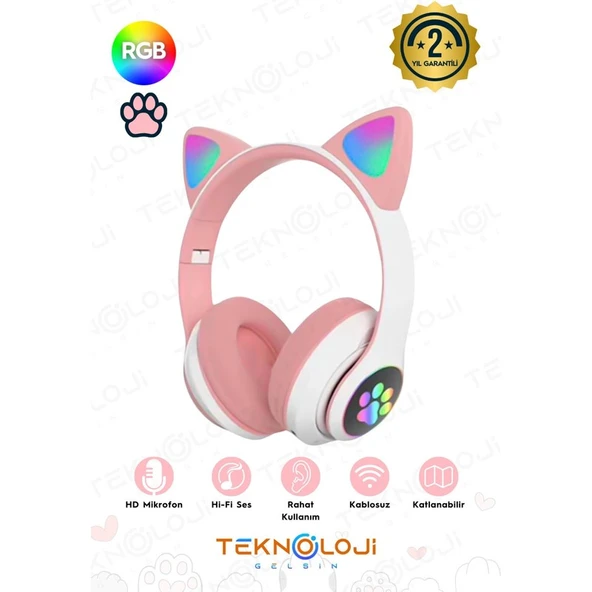 Teknoloji Gelsin Pembe Bluetooth 5.0 Mikrofonlu Kablosuz Kulaklık Yüksek Ses Akıllı LED Işıklı Kedi Patili Rgb ürün görseli 1