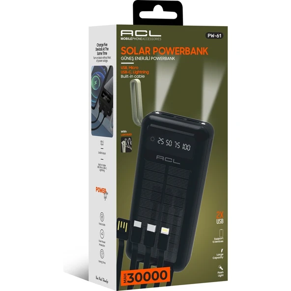 Acl Pw-61 30.000MAH Güneş Enerjili Powerbank | 5 Cihaz Aynı Anda Şarj | Usb-C & Lightning & Micro USB & 2x USB Çıkış | Dahili LED Fener ürün görseli 1