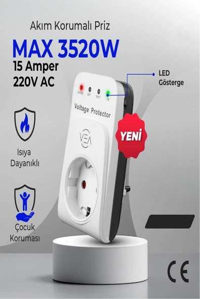 15A 3520W Akım Korumalı Tekli Priz Aşırı Yüksek Gerilim Koruma Dijital Göstergeli ürün görseli 1