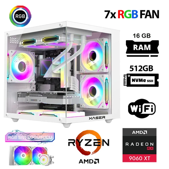 Xaser Eco X10 Ryzen 7 5700x 16GB Ram 512GB M.2 NVMe SSD 16GB RX9060 XT Sıvı Soğutmalı Hazır Oyuncu Sistemi ürün görseli 1
