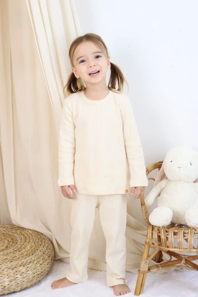 Basic Fitilli İnterlok Kumaş %100 Pamuk 1-5 Yaş Beyaz Bebek Pijama Takımı ürün görseli 1