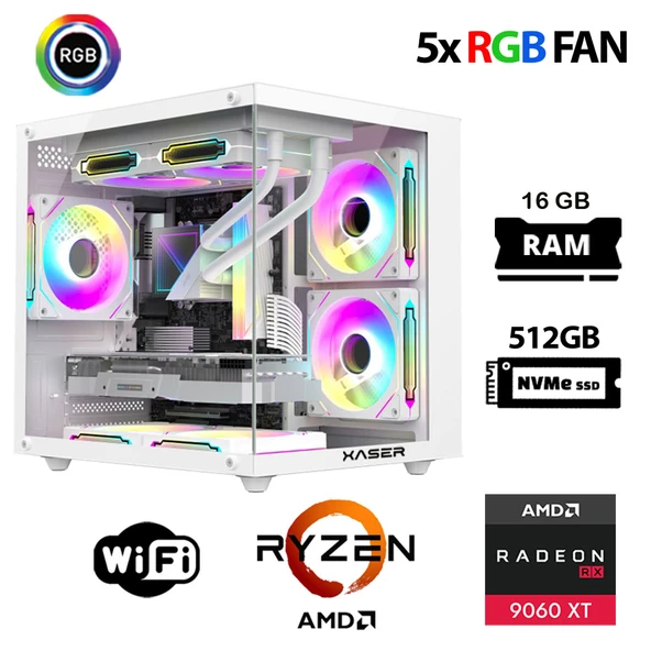 Xaser Eco X50 Ryzen 5 7500F 16GB Ram 512GB M.2 NVMe SSD 16GB RX9060 XT Oyun Hazır Sistem ürün görseli 1