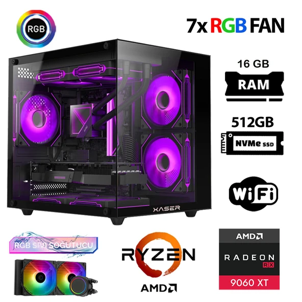 Xaser Eco X90 Ryzen 7 5700x 16GB Ram 512GB M.2 NVMe SSD 16GB RX9060 XT Sıvı Soğutmalı Hazır Oyuncu Sistemi ürün görseli 1