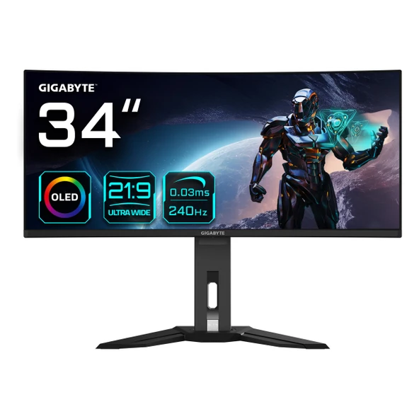 Gigabyte MO34WQC2 34" 240Hz 0.03Ms HDMI+DP+USB-C HDR UWQHD FreeSync OLED Curved Vesa Monitör ürün görseli 1