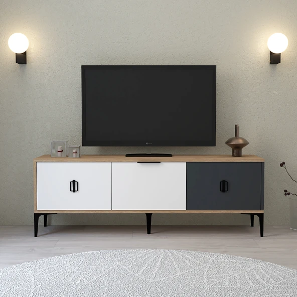 Evmo Home 3501 Neva TV Ünitesi 150 CM Kapaklı Sepet - Beyaz - Antrasit ürün görseli 1