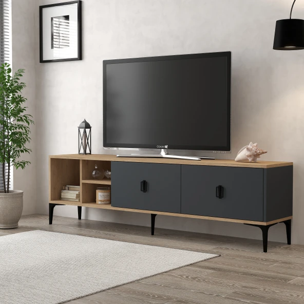 Evmo Home 3805 Era Tv Ünitesi 180 Cm 2 Kapaklı Raflı Sepet - Antrasit ürün görseli 1