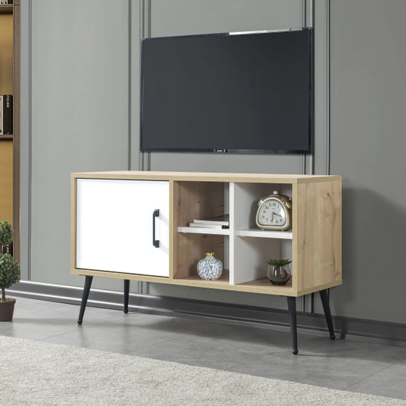 Evmo Home 3111 Şile Metal Ayaklı Metal Kulplu 100 Cm Tv Ünitesi - Beyaz Safir ürün görseli 1