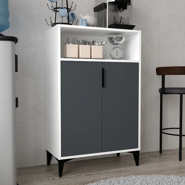 Evmo Home 1202 Ada Çok Amaçlı Dolap , Kahve Köşesi , Kiler Dolabı , Mutfak Standı 2 Kapılı - Beyaz Antrasit ürün görseli 1
