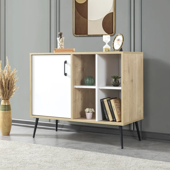 Evmo Home 4111 Şile Metal Ayaklı Metal Kulplu 100 Cm Konsol - Tv Ünitesi - Yemek Odası - Kahve Köşesi Beyaz ürün görseli 1