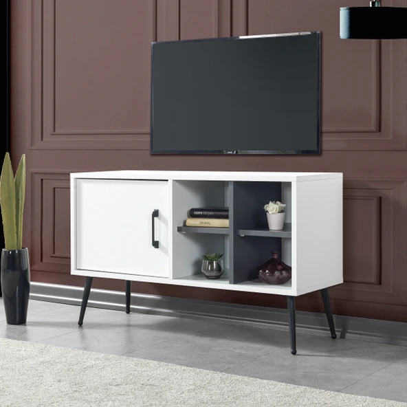 Evmo Home 3112 Şile Metal Ayaklı Metal Kulplu Tv Ünitesi 100 Cm - Beyaz ürün görseli 1