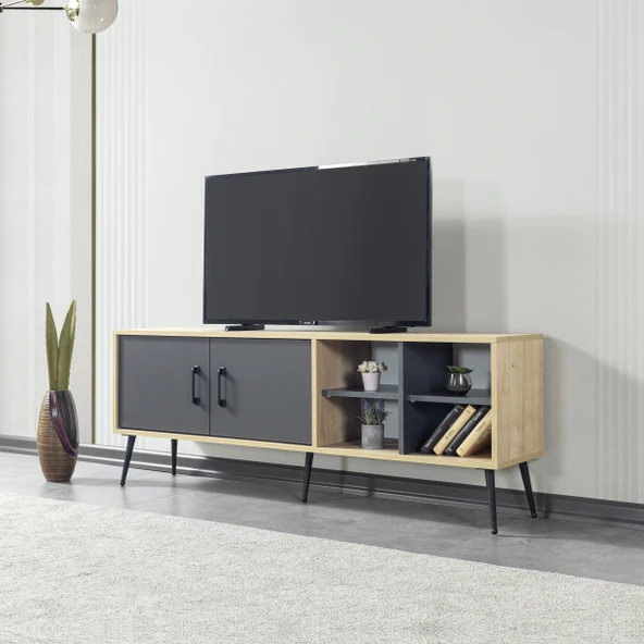 Evmo Home 3609 Şile Metal Ayaklı Metal Kulplu 160 Cm TV Ünitesi Antrasit - Safir ürün görseli 1