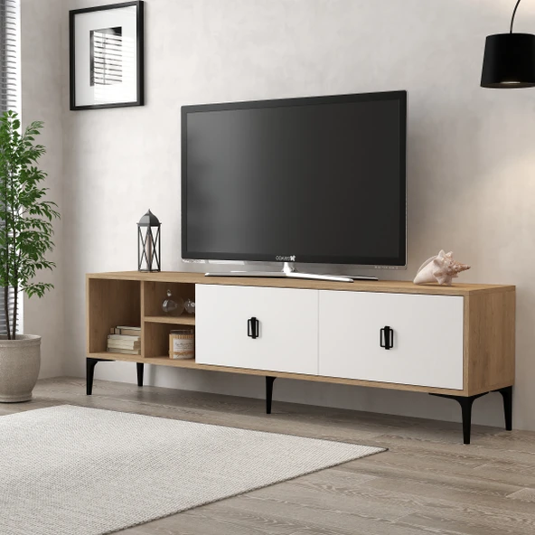 Evmo Home 3804 Era Tv Ünitesi 180 Cm 2 Kapaklı Raflı Sepet - Beyaz ürün görseli 1