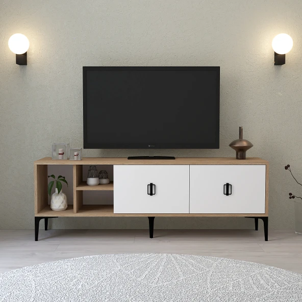 Evmo Home 3504 Era TV Ünitesi 150 Cm Kapaklı Raflı Sepet - Beyaz ürün görseli 1