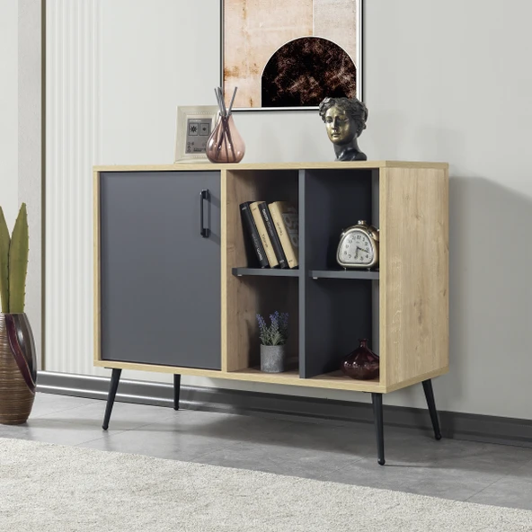 Evmo Home 4109 Şile Metal Ayaklı Metal Kulplu 100 Cm Konsol - Tv Ünitesi - Yemek Odası - Kahve Köşesi Antrasit ürün görseli 1