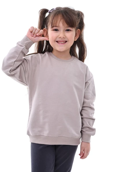 Basic Düz Renk Vizon Fırçalı Yumuşak Pamuk Sweatshirt ürün görseli 1