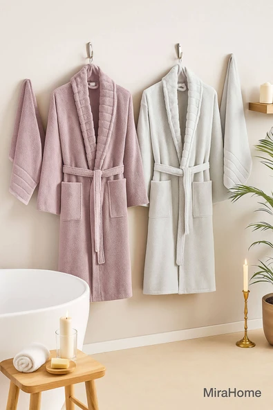 4 Parça Soft Elegance Banyo Aile Bornoz Seti Pamuklu - Resim 3