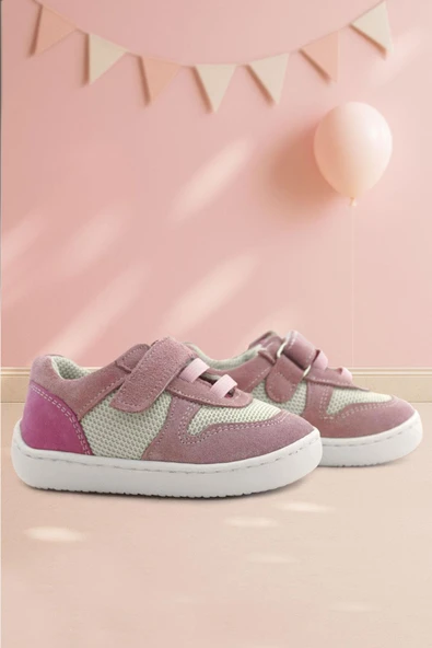 Rakerplus Bob Hakiki Deri Pudra Pembe Barefoot Cırtlı Lastikli Bebek Sneaker Ayakkabı ürün görseli 1
