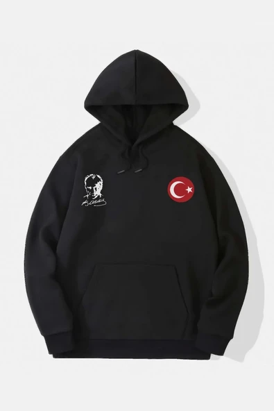 10 Kasıma Özel Üç İplik Kapşonlu Baskılı SweatShirt - Siyah ürün görseli 1